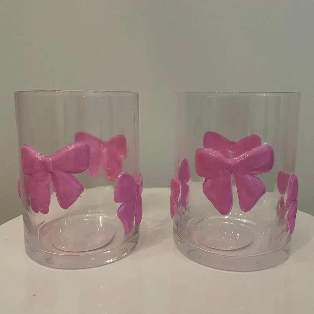 VIRAL Pink Bow Embossed Glass Clear Tumbler Cups Set of 2 NEW